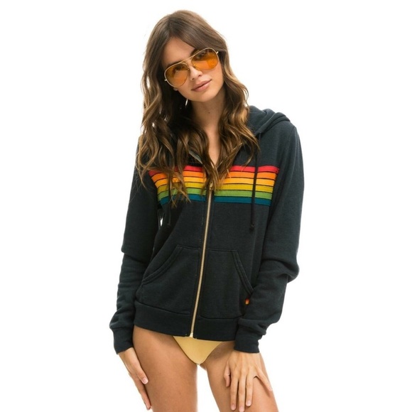 Aviator Nation 6 Stripe Zip Hoodie Charcoal Gray Rainbow Small Beachy Retro Rare - Picture 1 of 13